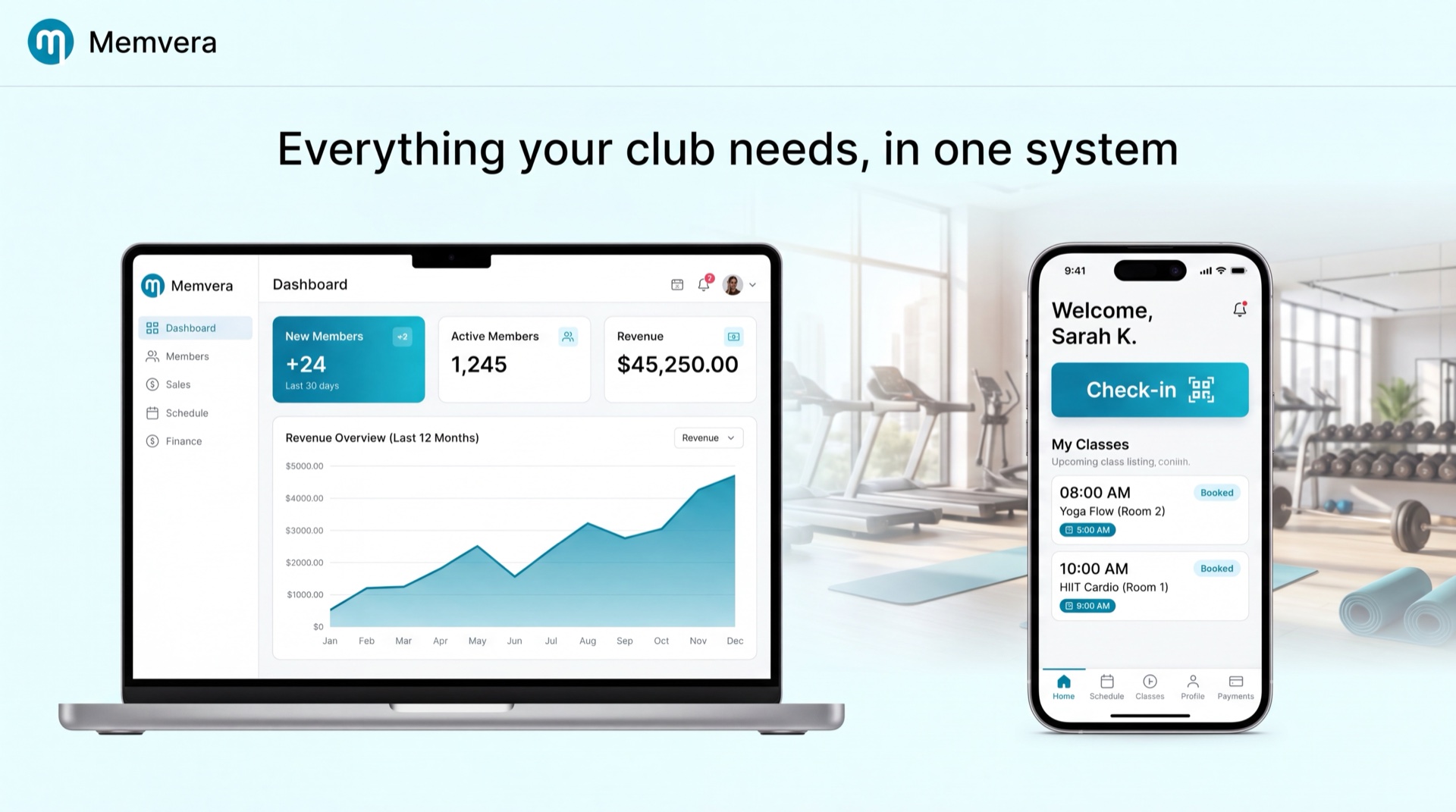The Memvera operator dashboard and member app, with a gym in the background